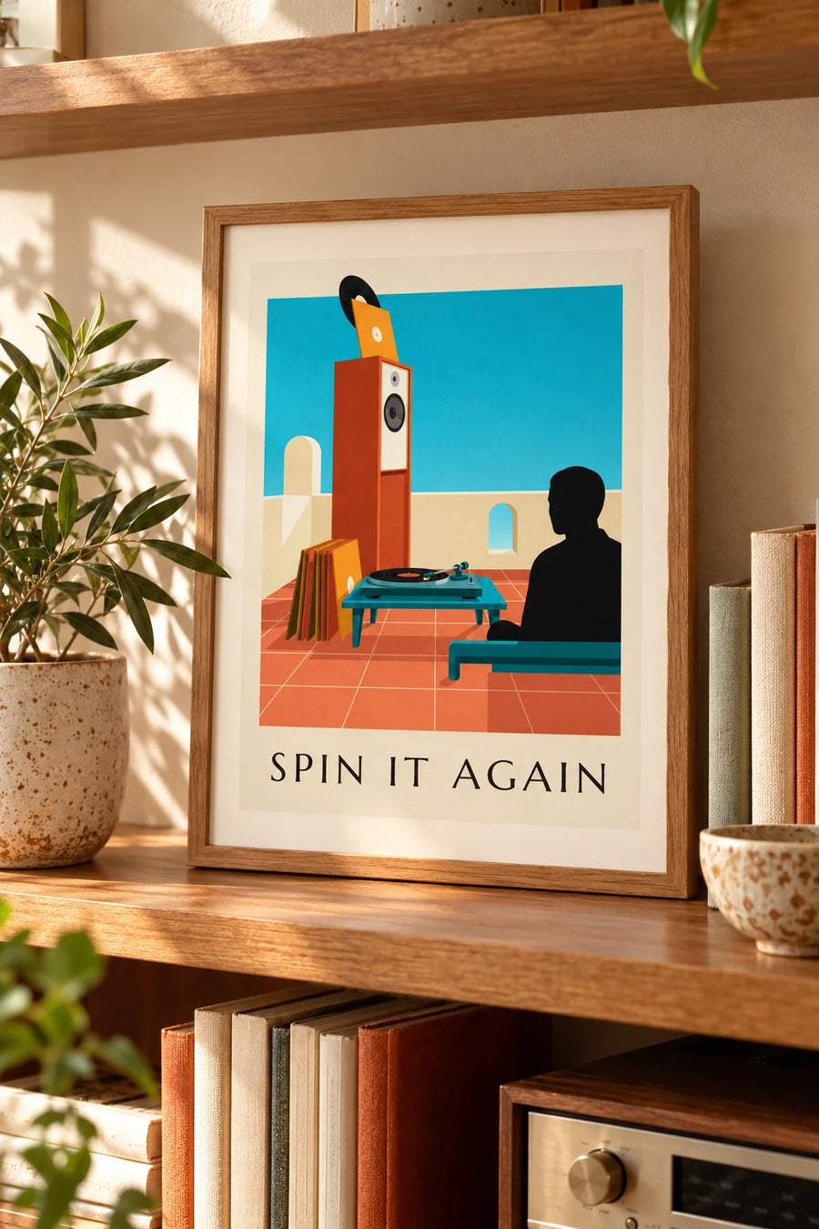 Poster con giradischi e vinile in rotazione: piccolo formato A4 incorniciato