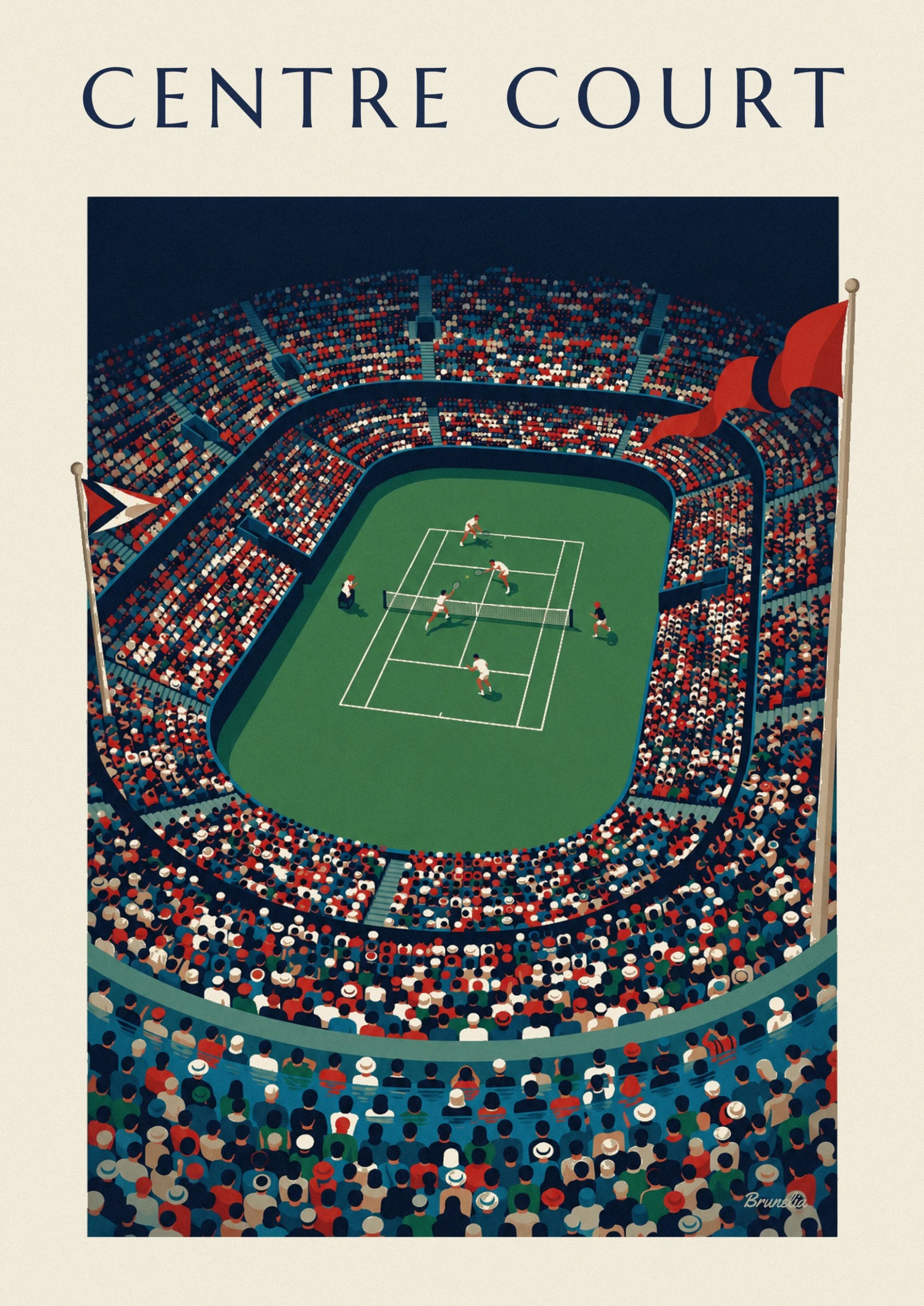 Doubles tennis on grass, with 4 players in white around the net and an umpire in the chair