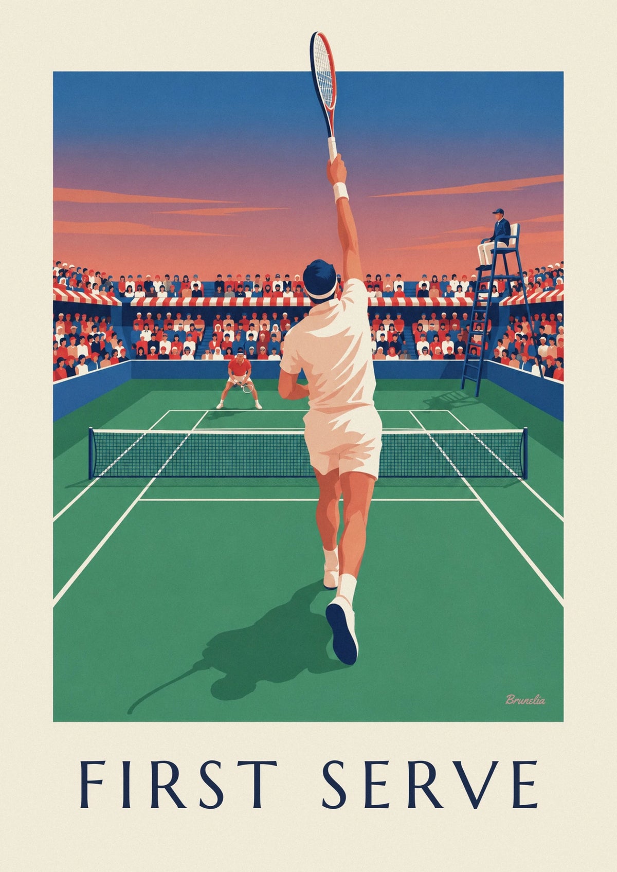 Tennis player serving on a grass tournament court poster