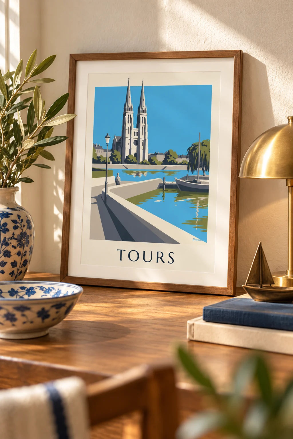 Tours cathedral and Loire riverbanks poster: small framed A4 size