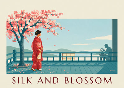 Poster of a Japanese woman in a red kimono under a cherry tree in bloom: the full poster