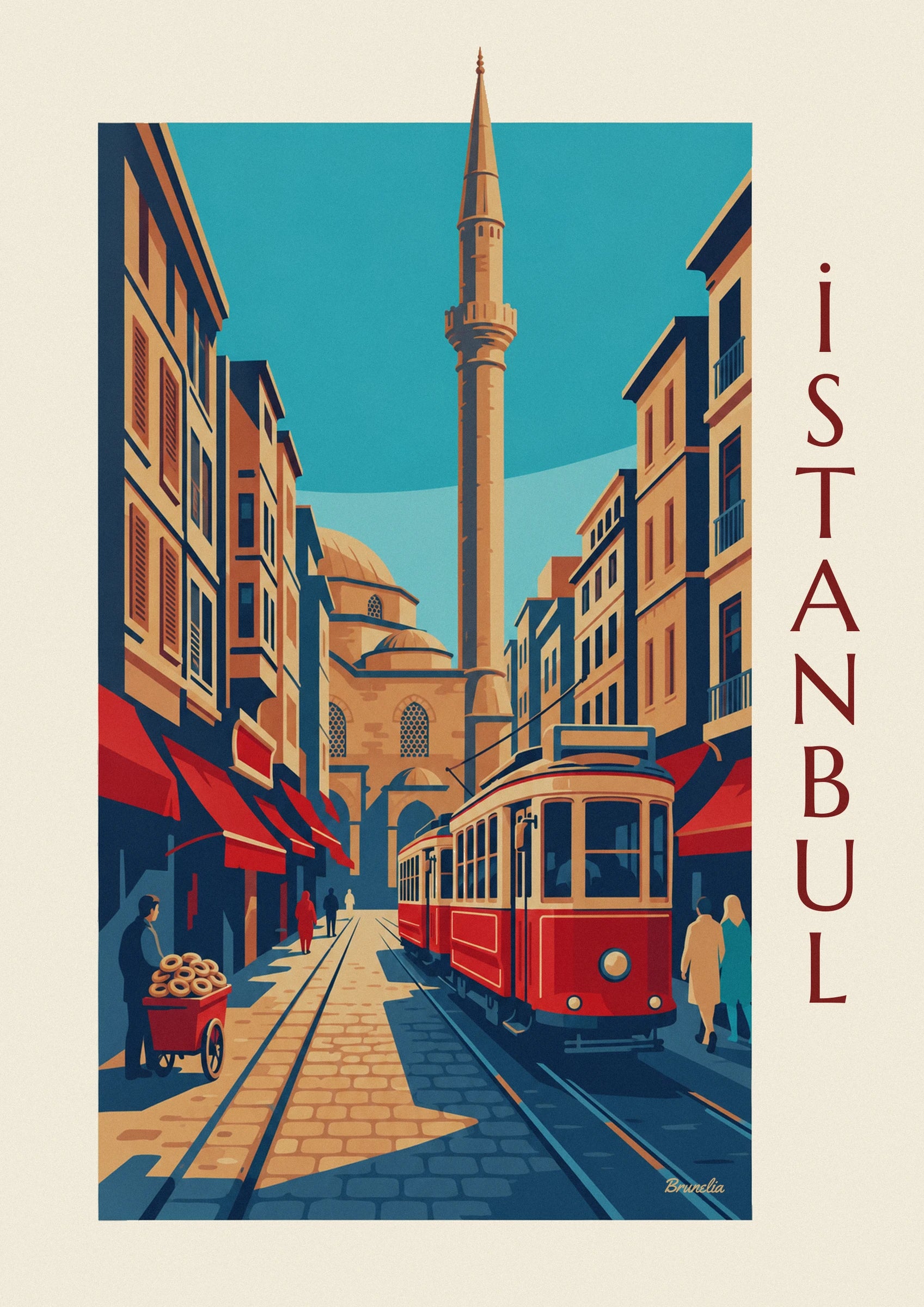 The red and cream tram with large windows and a round headlight on avenue İstiklal