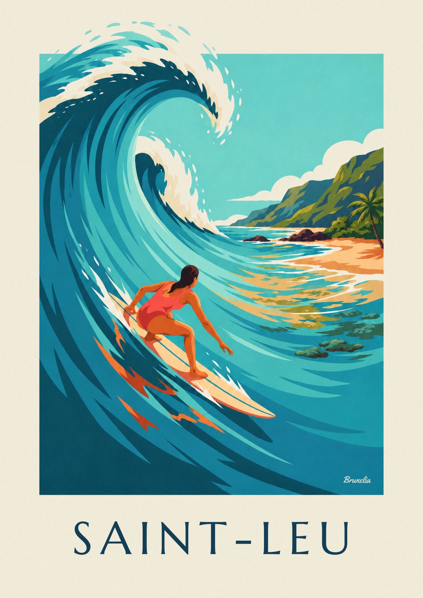 The female surfer in a coral swimsuit on her cream board, in the hollow of the turquoise wave