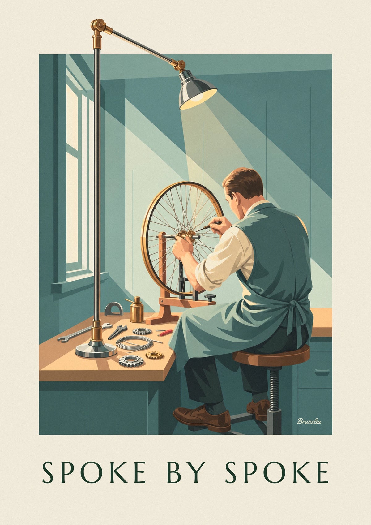 Affiche artisan montant une roue de vélo dans son atelier