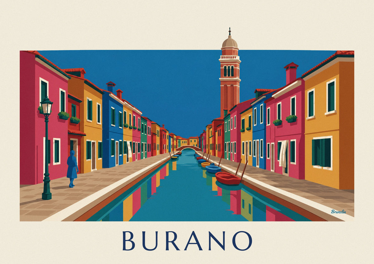 Affiche canal et maisons colorées de Burano, campanile penché