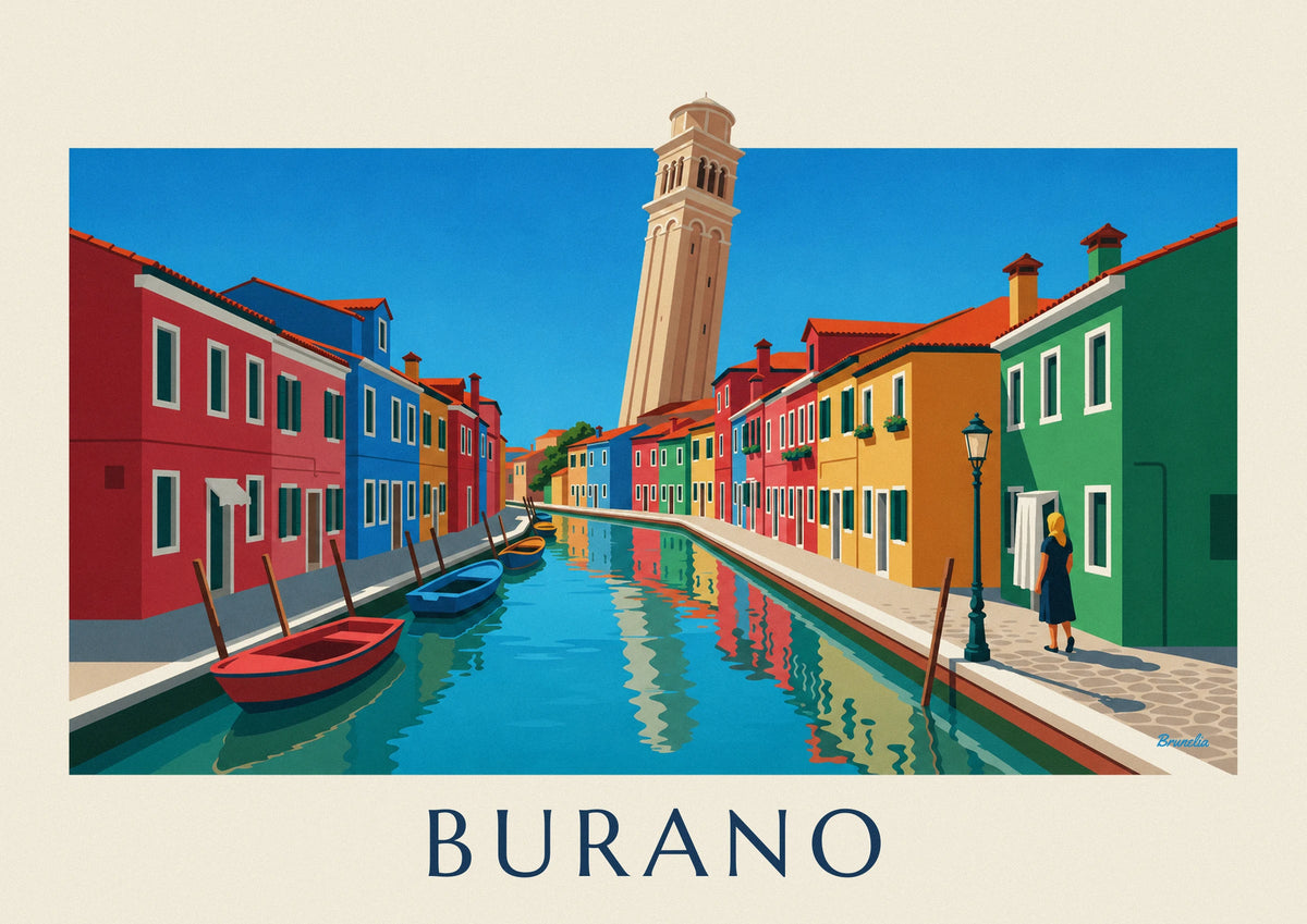 Burano canal, colorful houses and leaning bell tower poster