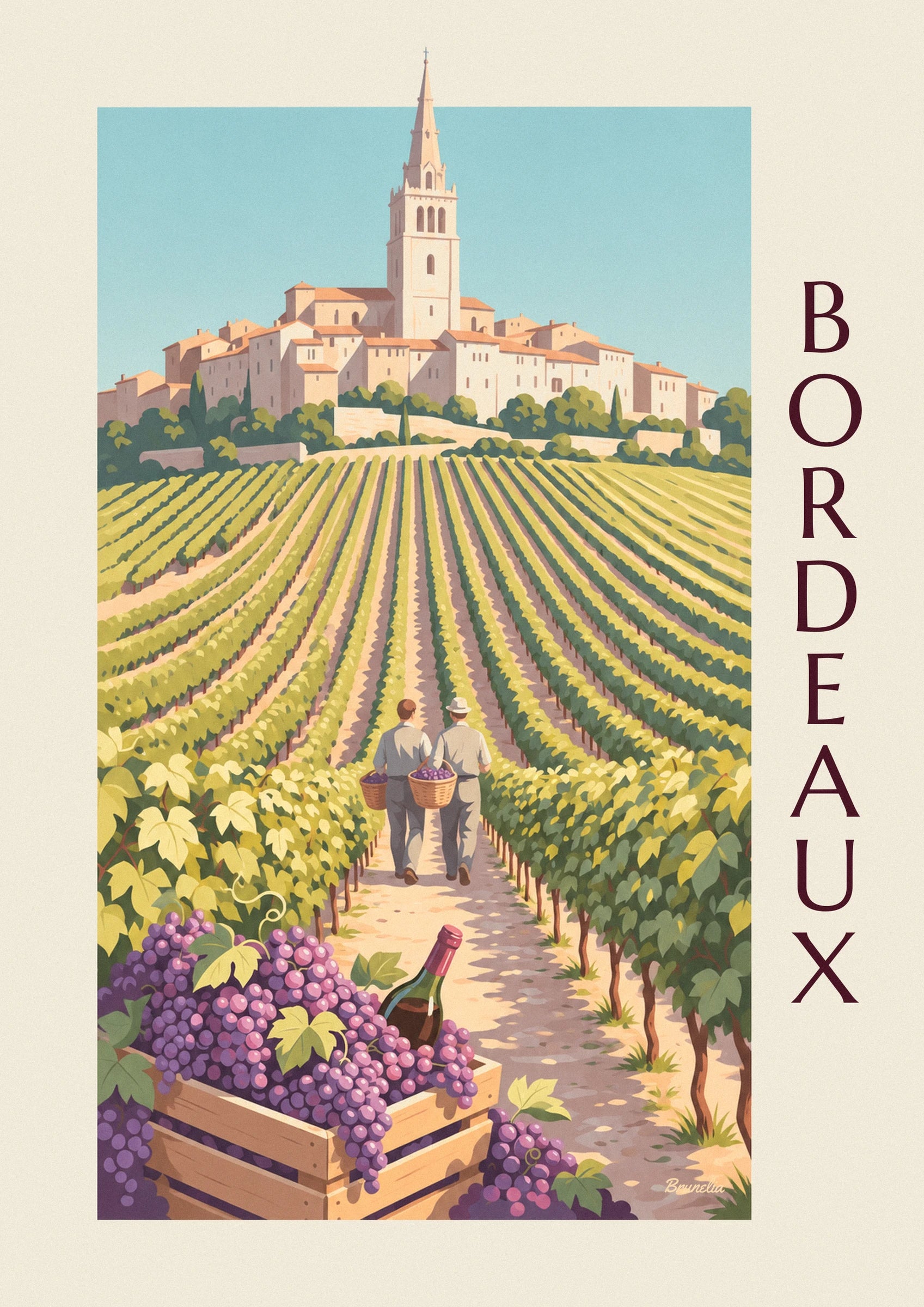 Poster Weinlese in Saint-Émilion, Traubenkiste und goldene Weinberge: Detail in Nahaufnahme