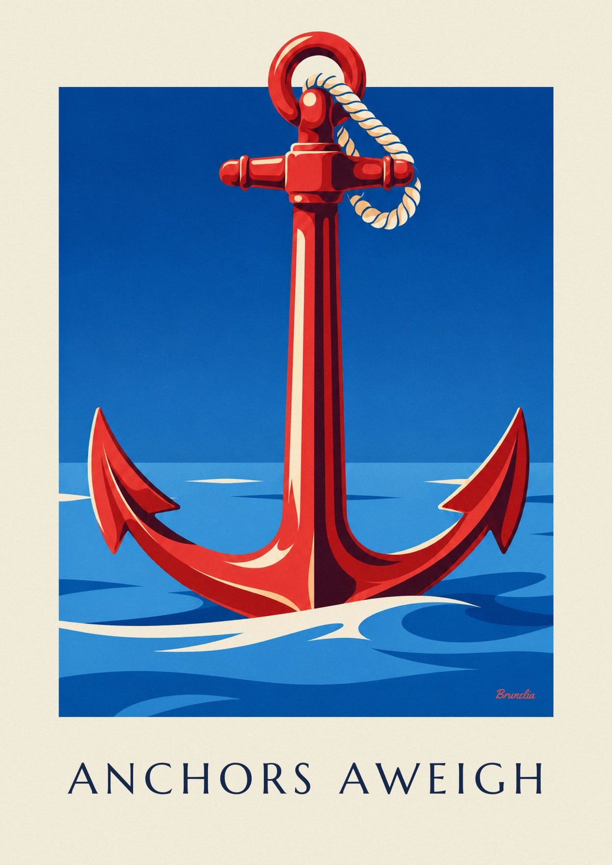 Affiche ancre de marine et cordage sur fond de mer calme