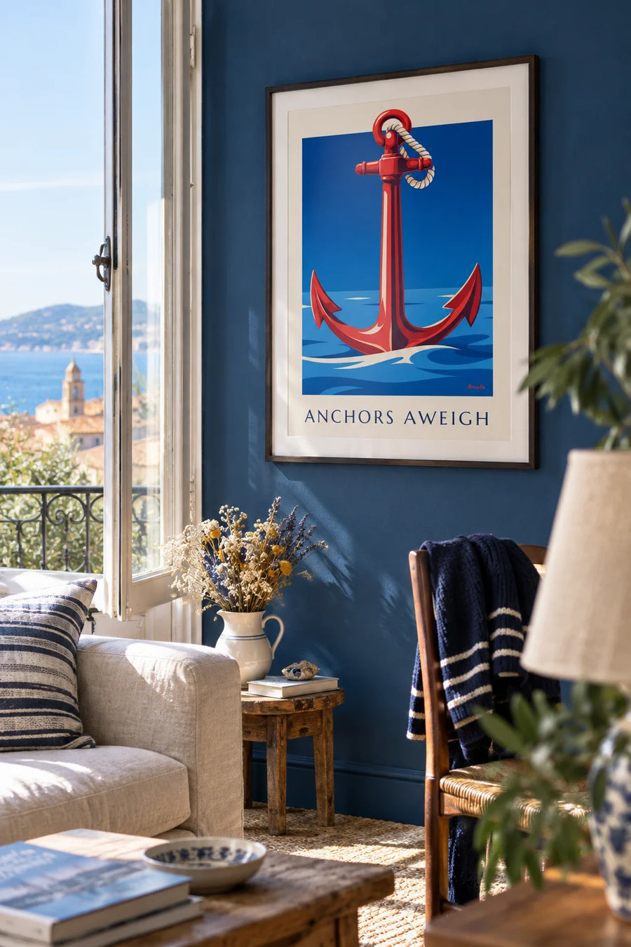 Affiche ancre de marine et cordage sur fond de mer calme : encadrée au mur