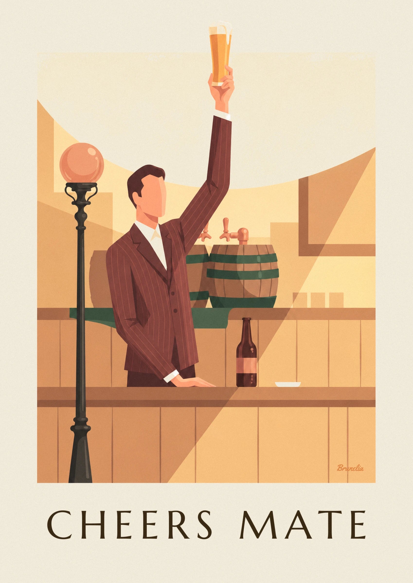 L'homme en costume rayé bordeaux, bras levé, devant les fûts et les tireuses à bière