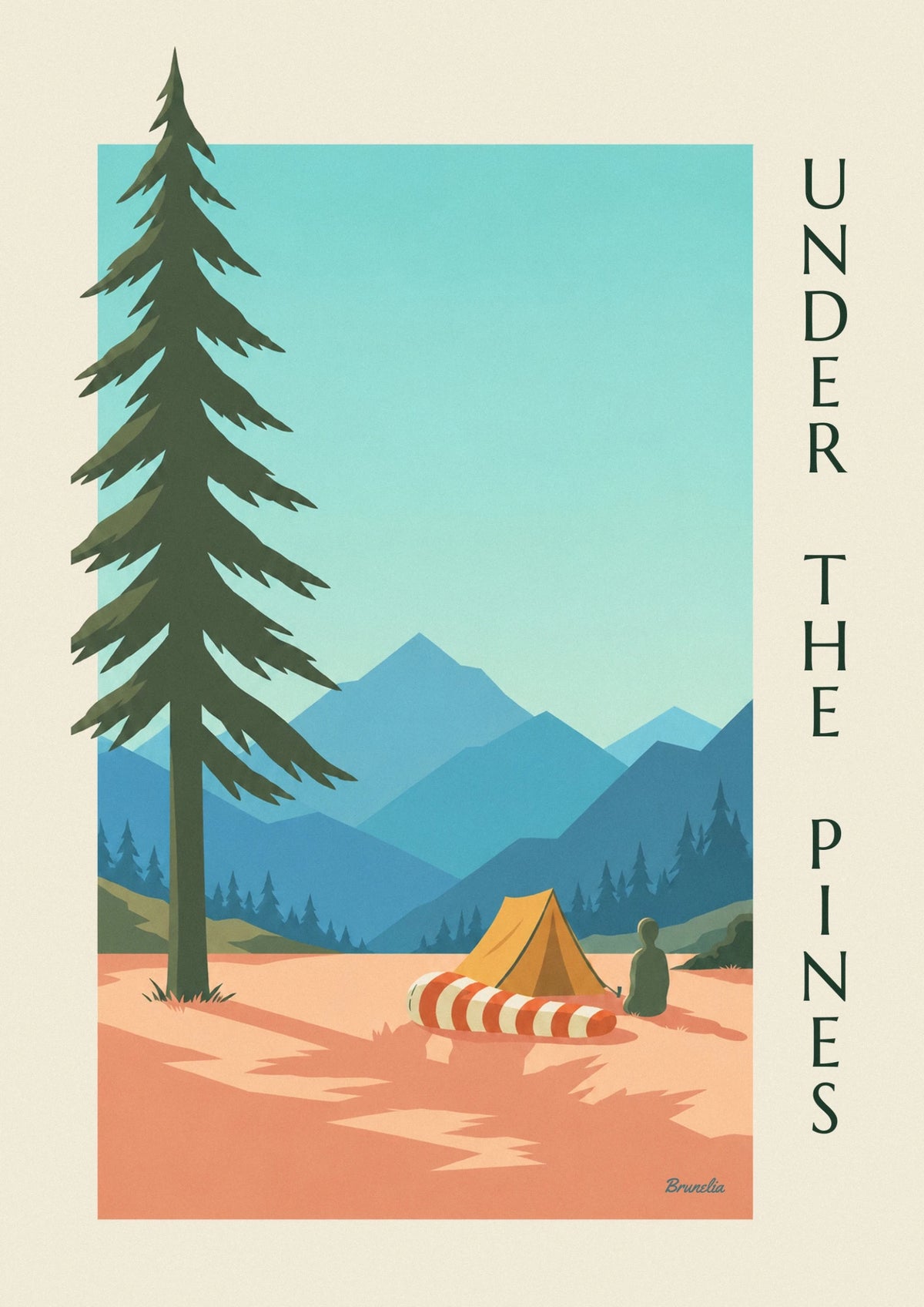 Affiche sac de couchage rayé et tente entre les pins