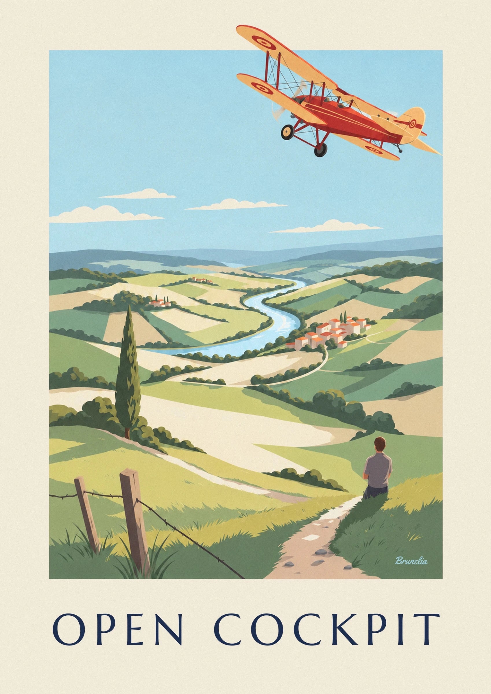 Le biplan rouge et jaune au-dessus des champs, sur fond de ciel bleu