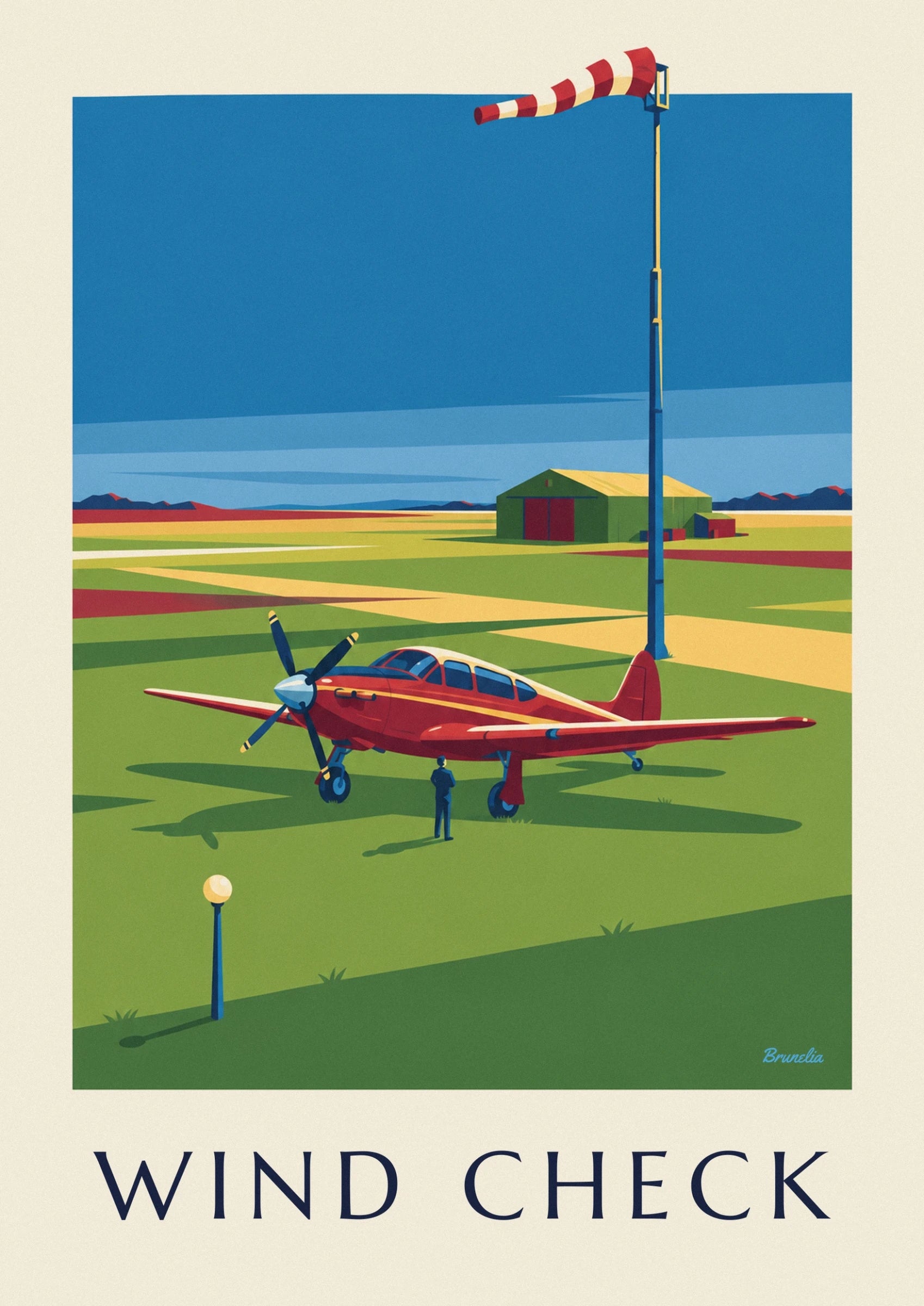L’avion rouge et crème près d’un personnage en bleu, devant le hangar de l’aérodrome