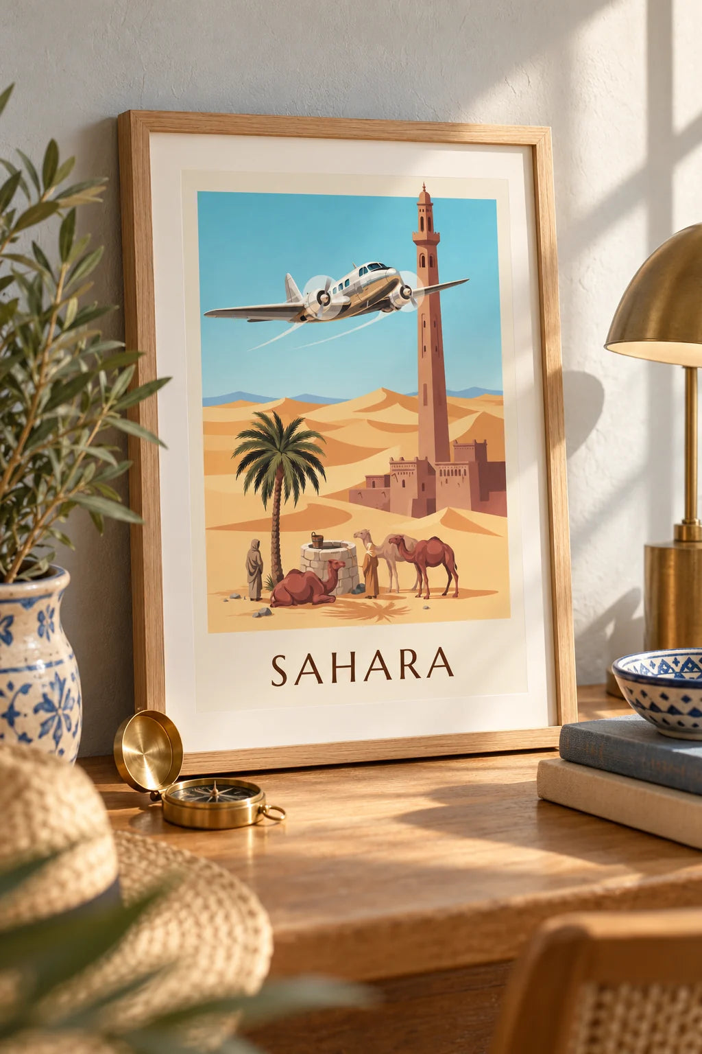 Studio: ambientazione di Poster aereo trimotore che sorvola un'oasi e le dune del Sahara
