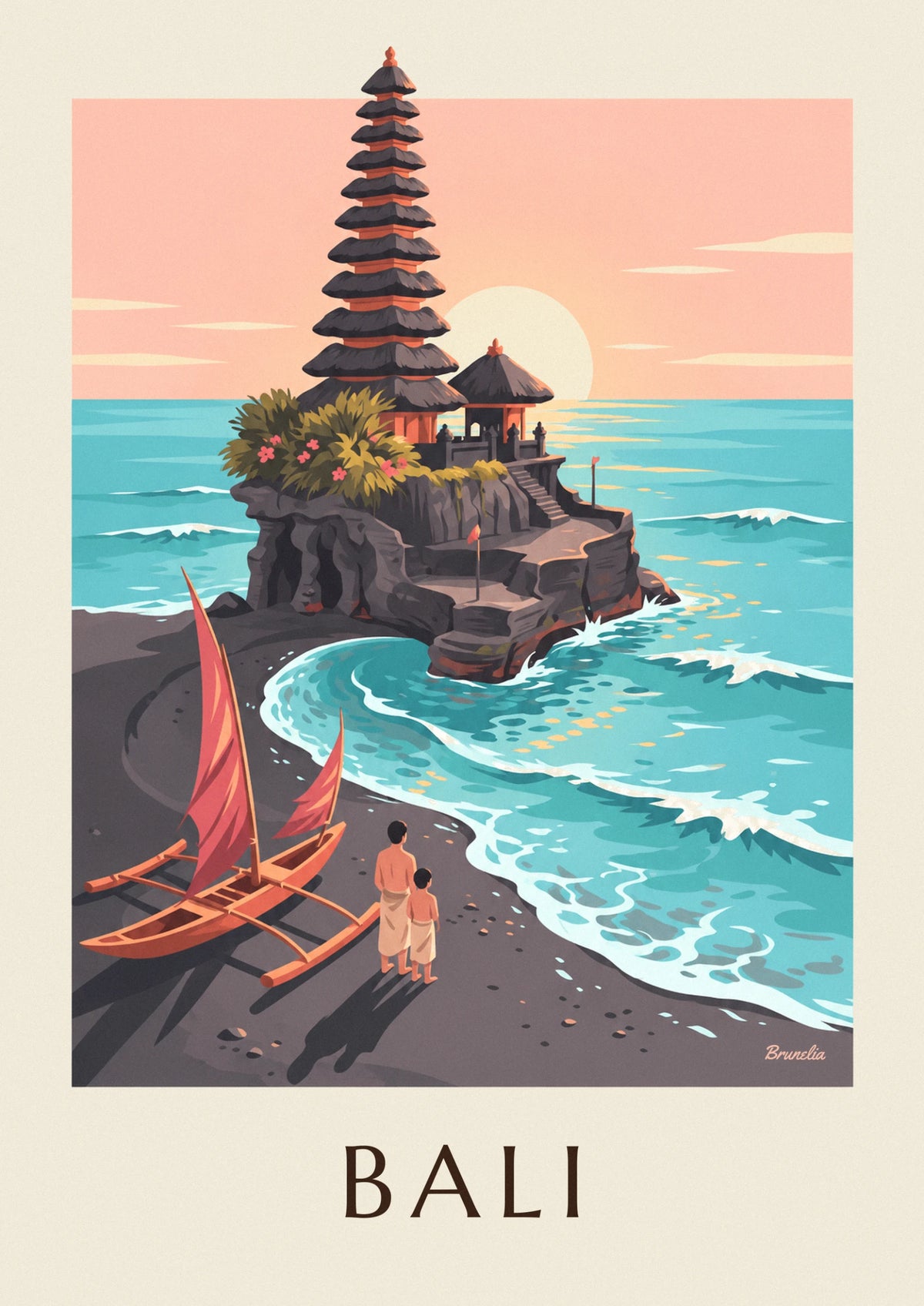 Bali Tanah Lot temple and outrigger canoe poster
