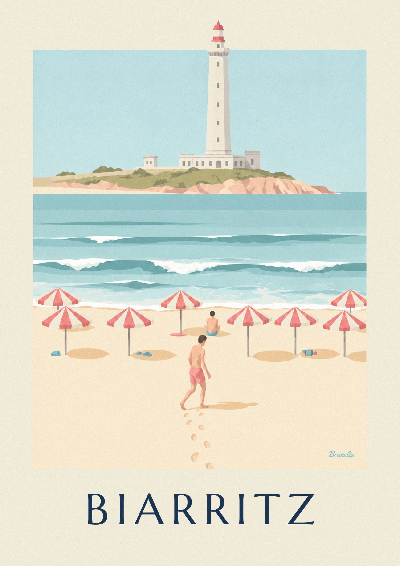 The white lighthouse with a red top and buildings at its base facing the turquoise sea