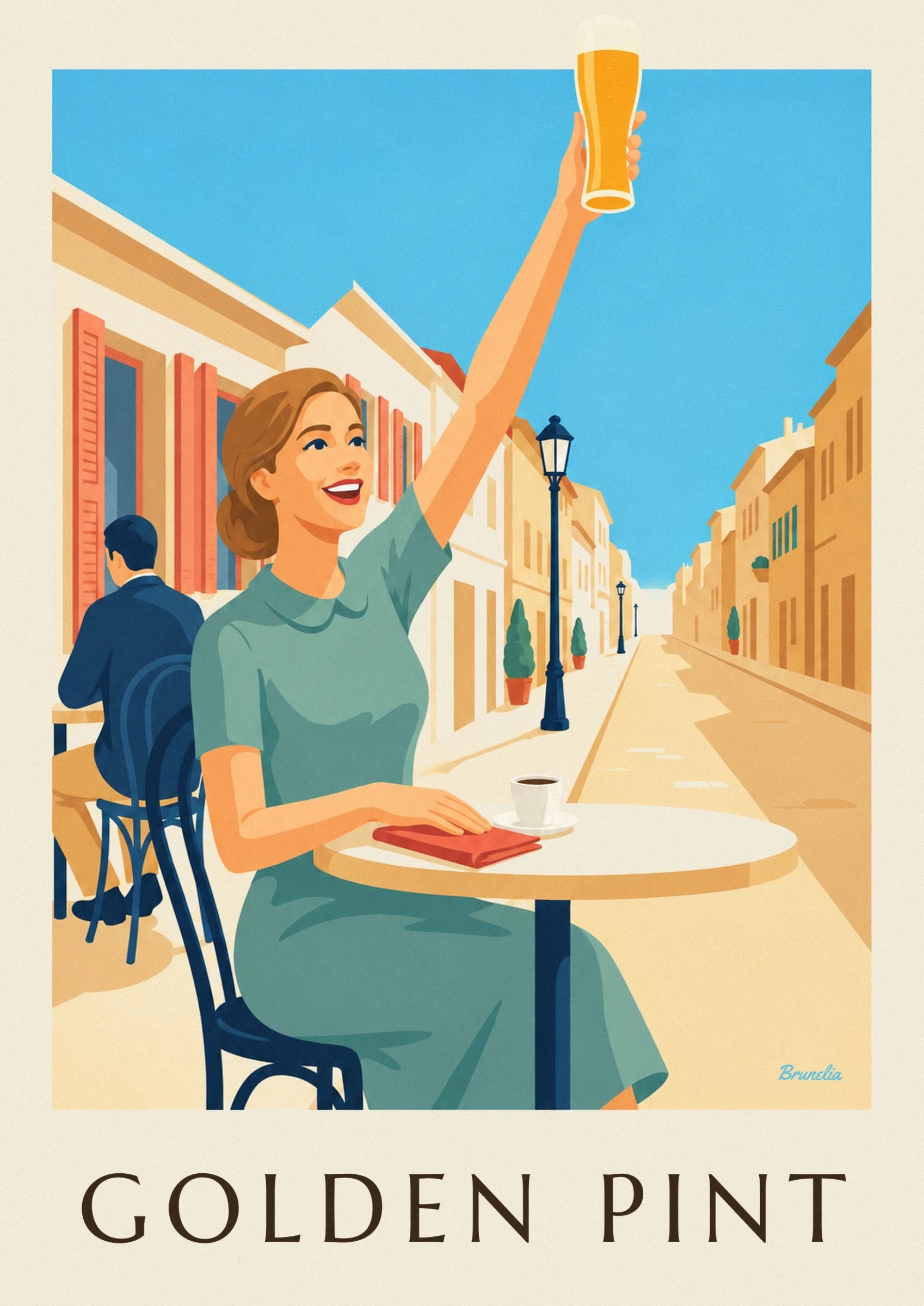 Une femme souriante en robe verte, le bras levé devant les façades colorées