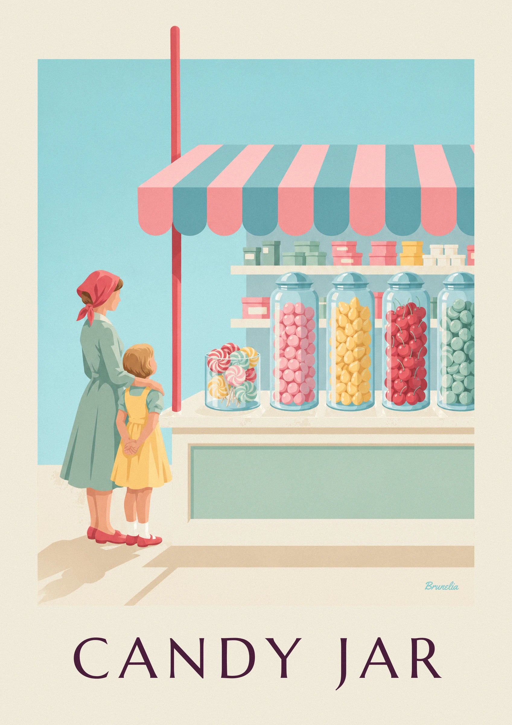 Poster lecca-lecca e barattoli di caramelle in un negozio di dolciumi: dettaglio in primo piano