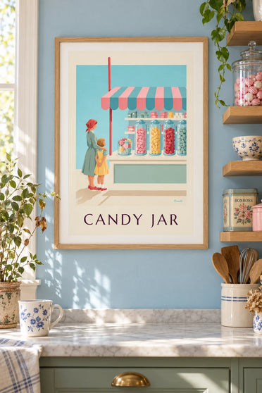 Poster lecca-lecca e barattoli di caramelle in una confetteria: incorniciato al muro