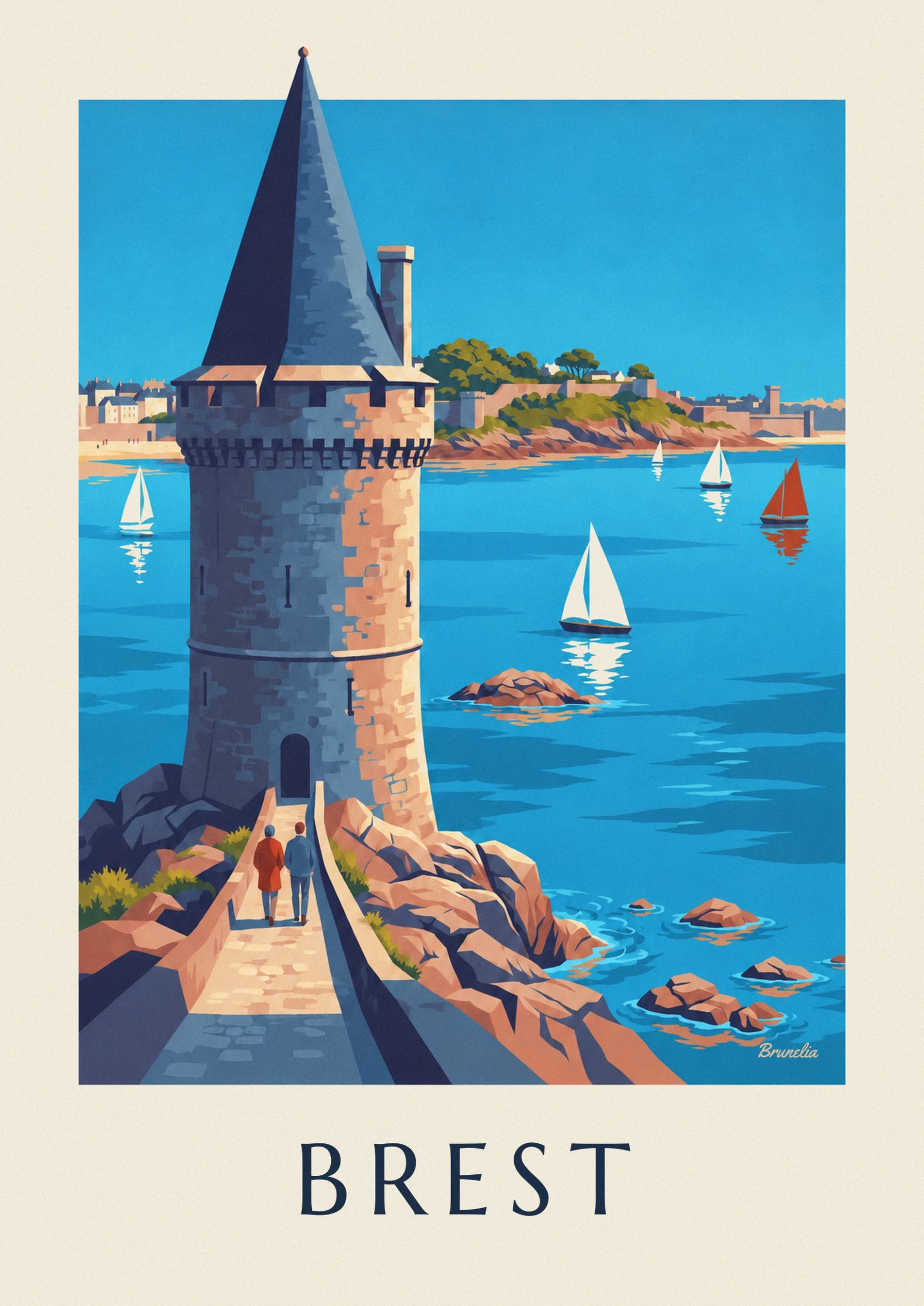 La tour de pierre grise et rose au bord de l'eau, avec un voilier blanc devant la ville