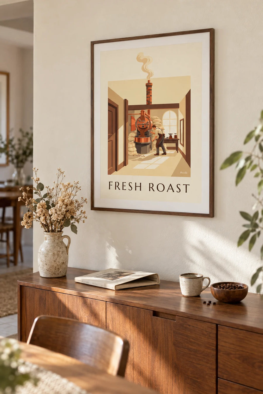 Poster of a coffee roaster and freshly roasted coffee beans: framed on the wall