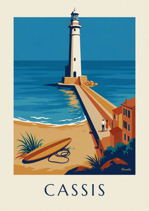 Affiche phare de la jetée de Cassis et planche de surf : l'affiche entière