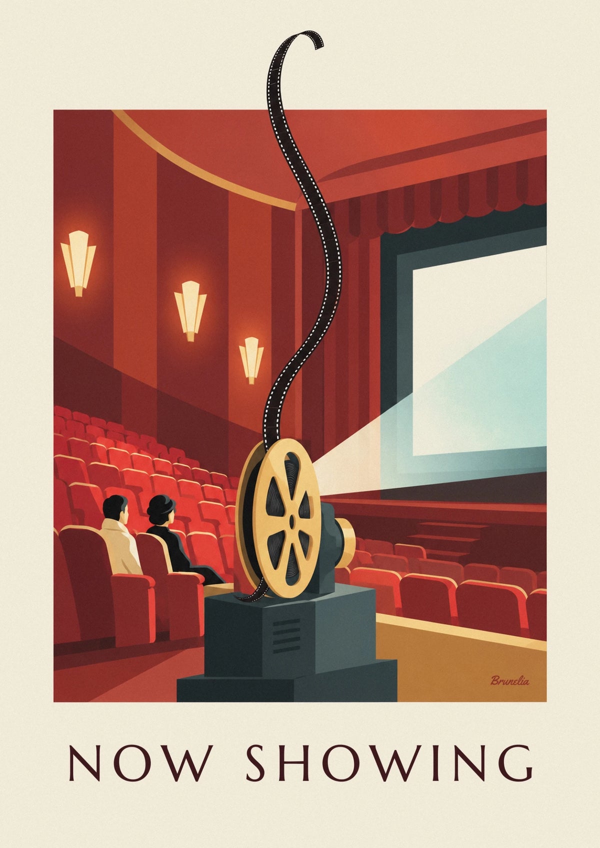 Film reel and projector in a movie theater poster
