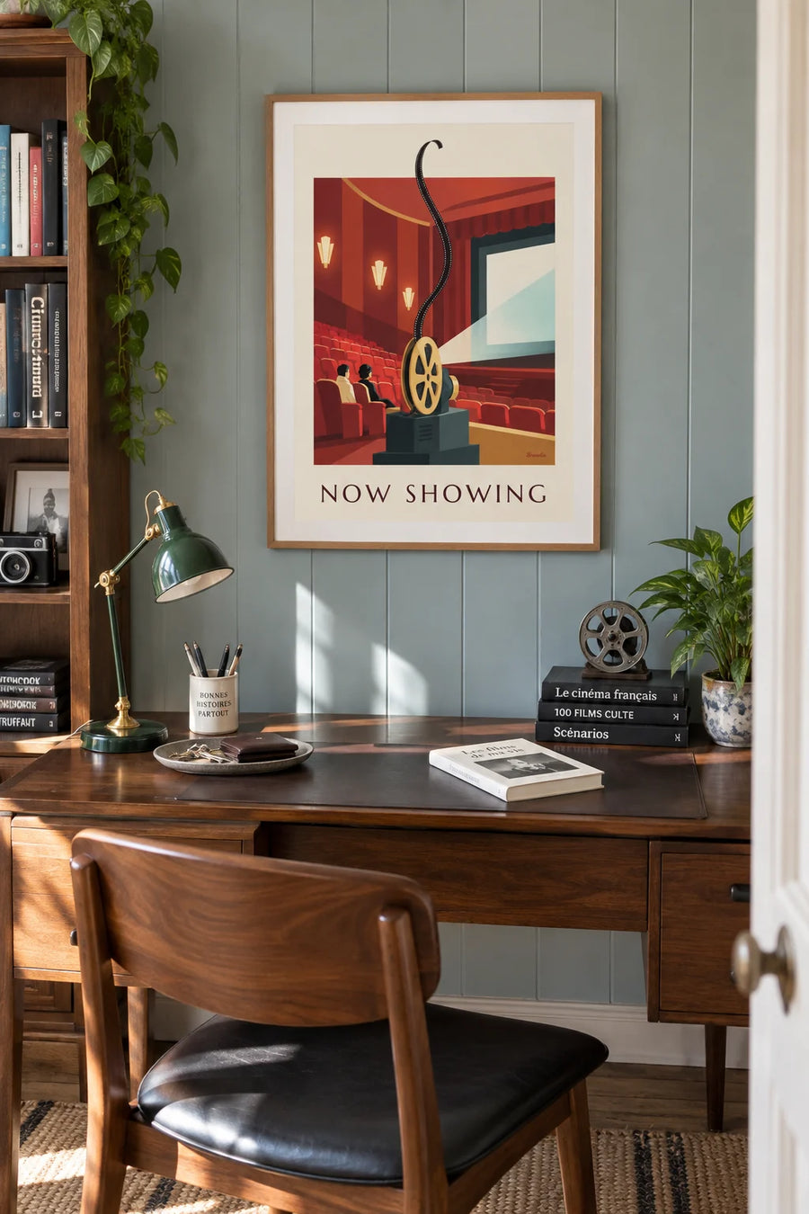 Poster of a film reel and projector in a movie theater: framed on the wall