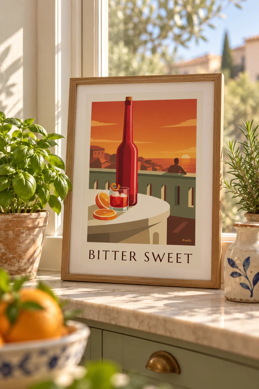 Cucina: ambientazione di Poster cocktail Negroni e scorza d'arancia su una terrazza