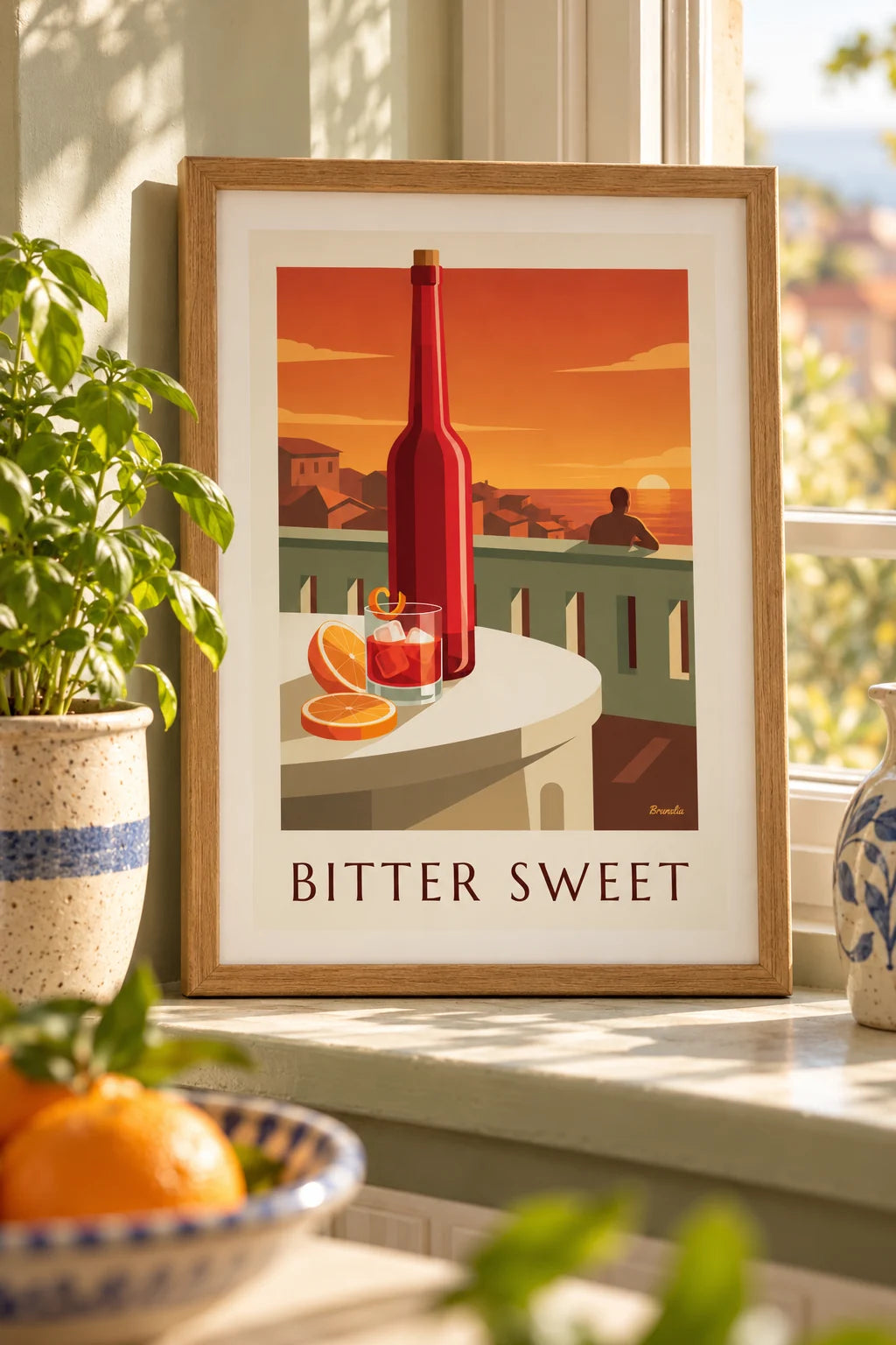 Kitchen: Negroni cocktail and orange peel on a terrace poster on the wall