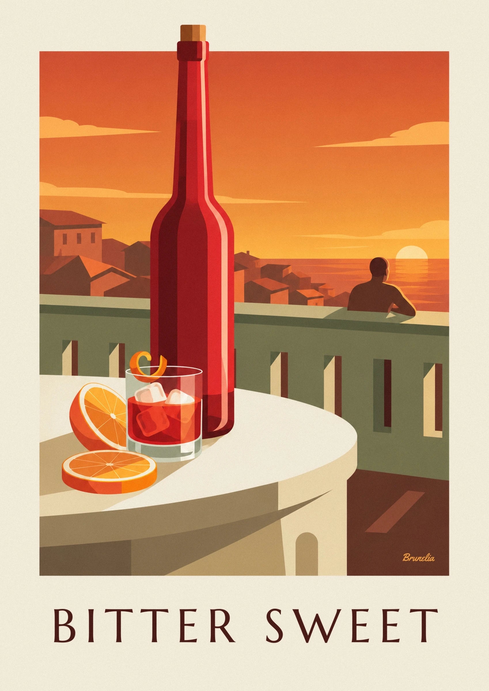 Un Negroni rouge aux glaçons translucides, avec un zeste et des rondelles d’orange