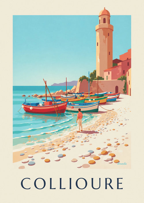 Affiche barques catalanes colorées sur la plage de Collioure : l'affiche entière