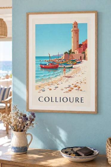 Poster con barche catalane colorate sulla spiaggia di Collioure: con cornice alla parete