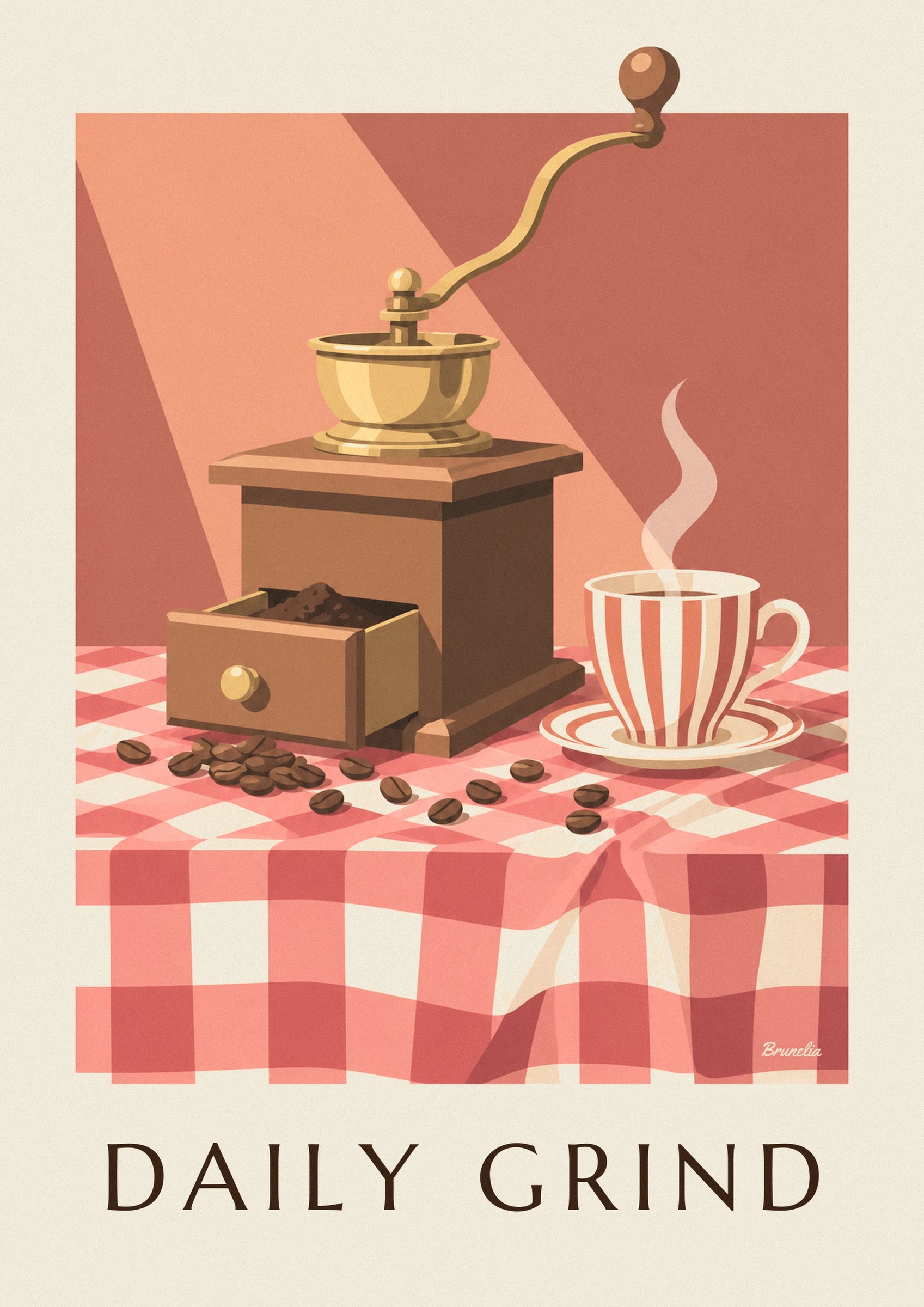 The wooden coffee grinder, its golden brass bowl and its open drawer full of ground coffee