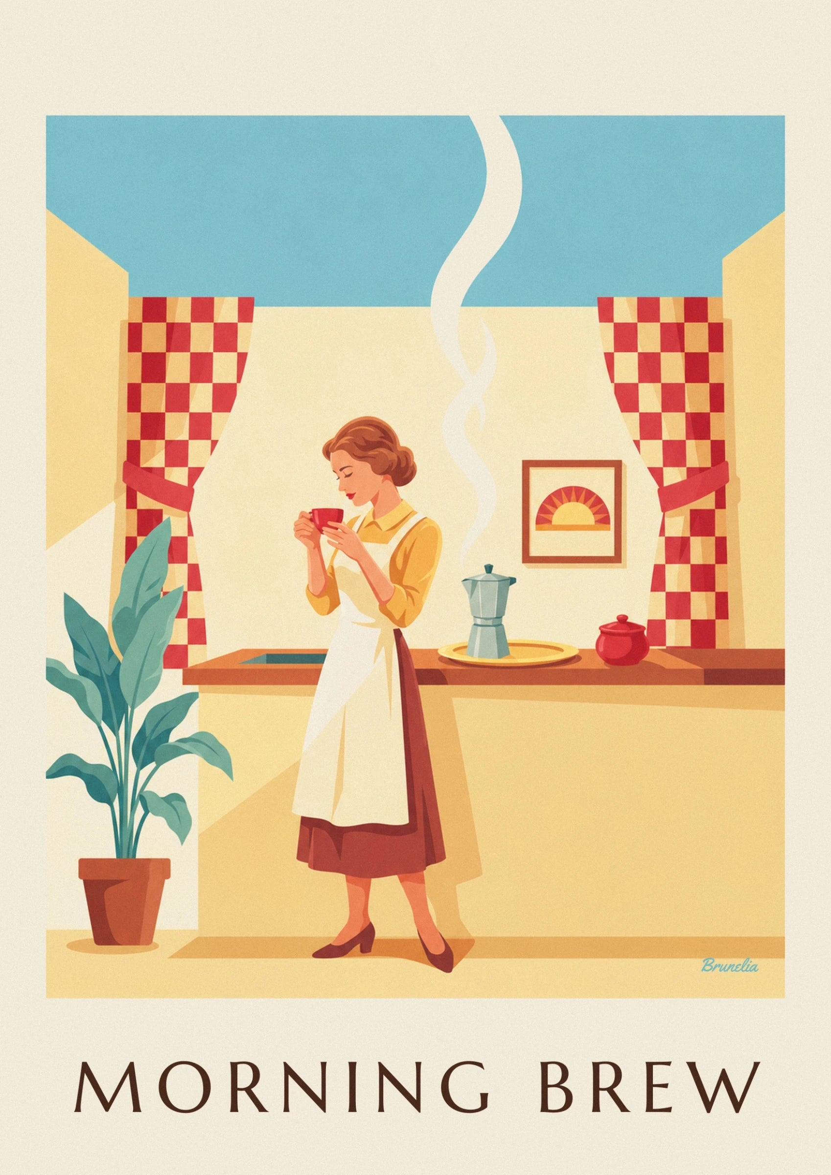 The woman in a white apron enjoying coffee from a red cup, with a moka pot beside her