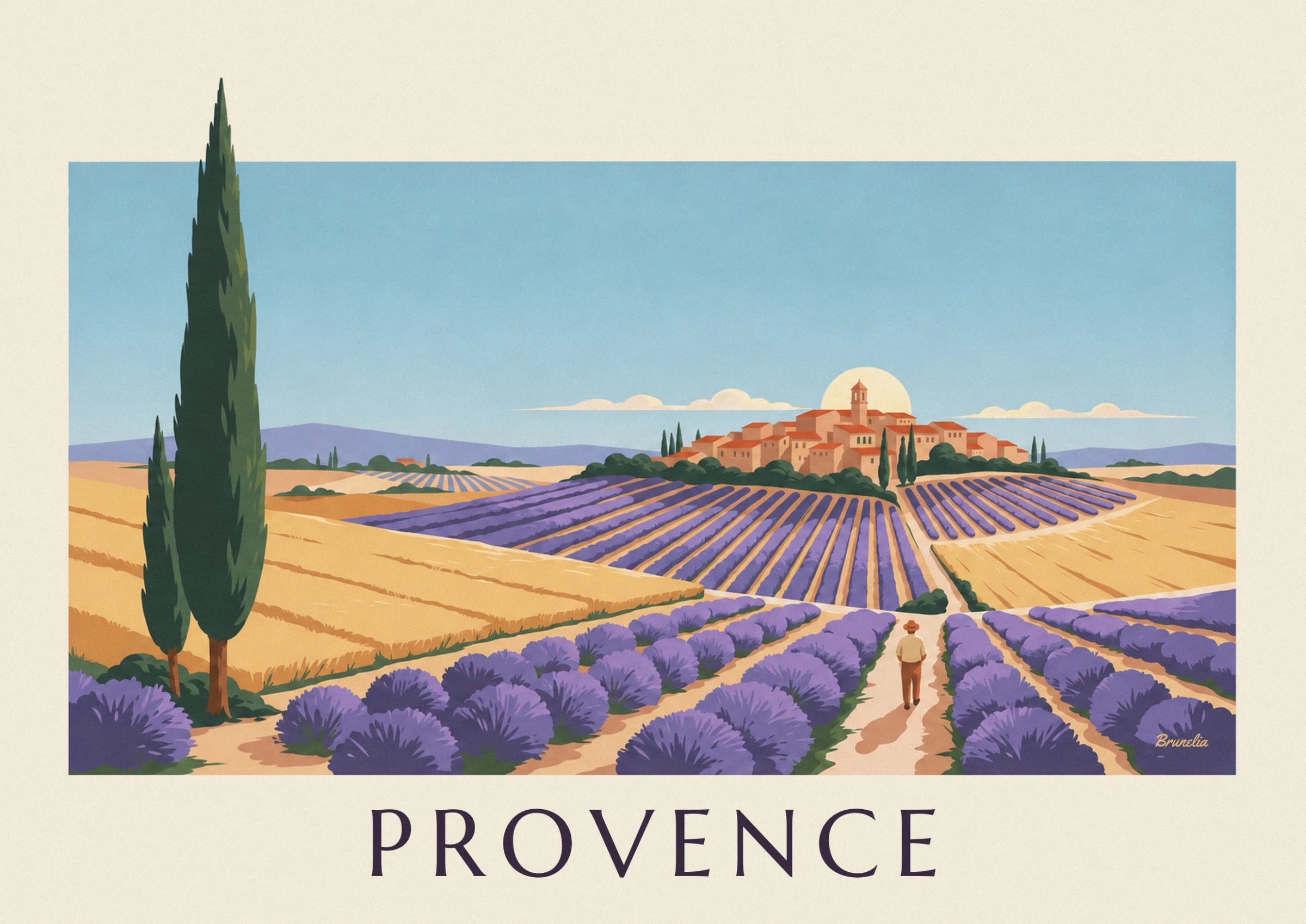 The Provençal village with orange rooftops, its bell tower and rows of lavender