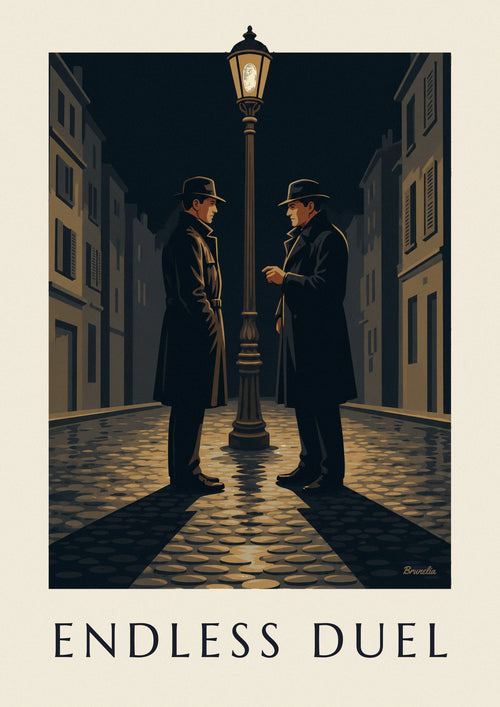 Poster Film-noir-Duell unter einer Straßenlaterne, regnerische Nacht: das ganze Poster