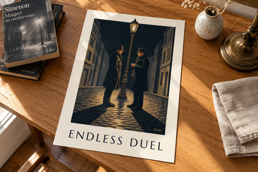 Poster duello da film noir sotto un lampione, notte di pioggia: appoggiato su un tavolo