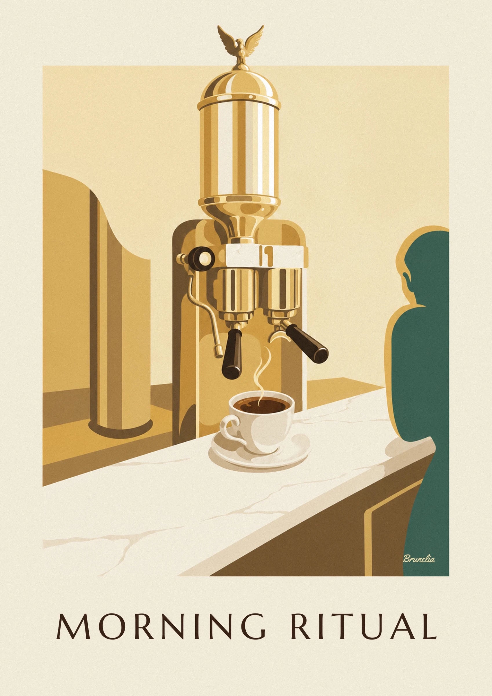 A white cup of steaming espresso on its saucer, at the edge of the cream counter