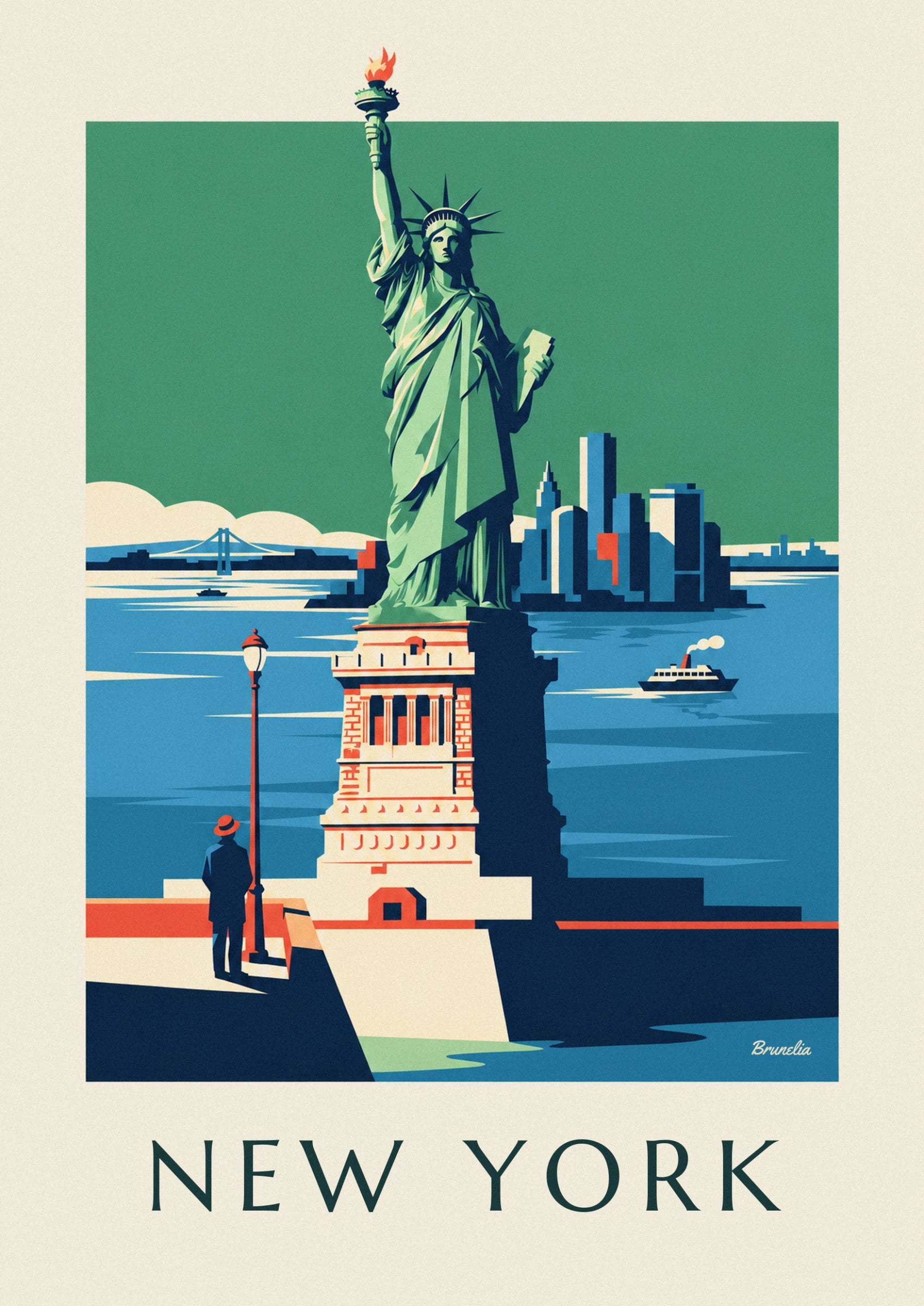 La Statue de la Liberté, torche levée, face à la skyline bleutée sur fond vert
