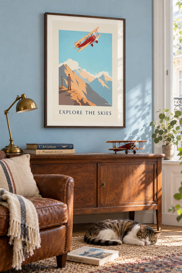 Affiche biplan Explore the Skies au-dessus des montagnes : encadrée au mur