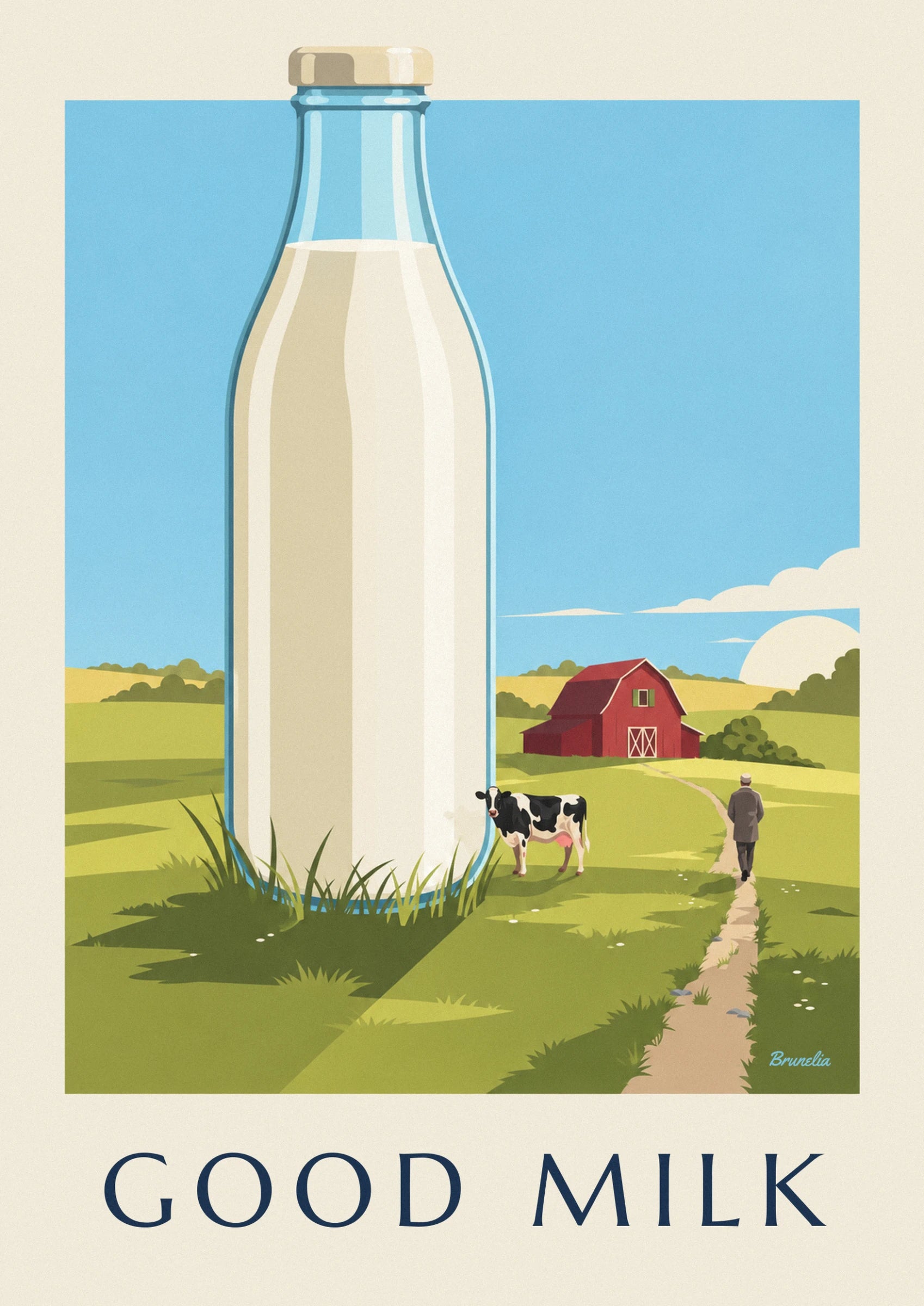 Une vache noire et blanche au pis rose, dans l'herbe devant la grange rouge