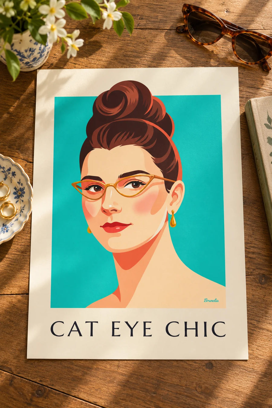 Poster Porträt einer Frau mit Katzenaugenbrille und roten Lippen : auf einem Tisch aufgestellt