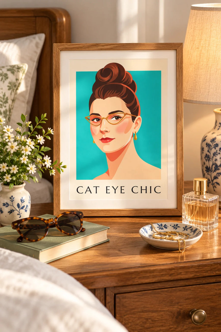 Poster Porträt einer Frau mit Katzenaugenbrille und roten Lippen : kleines A4-Format, gerahmt