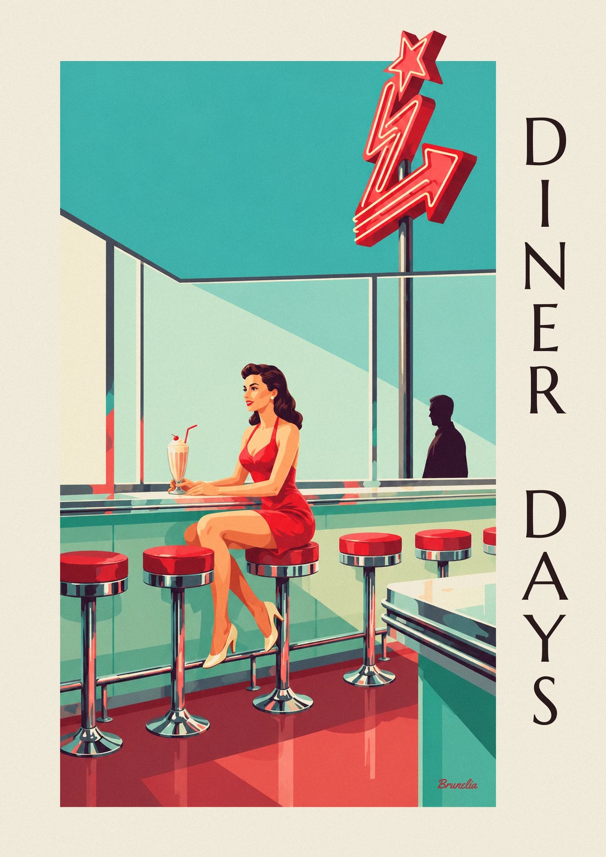 Poster Pin-up an der Theke eines amerikanischen Diners
