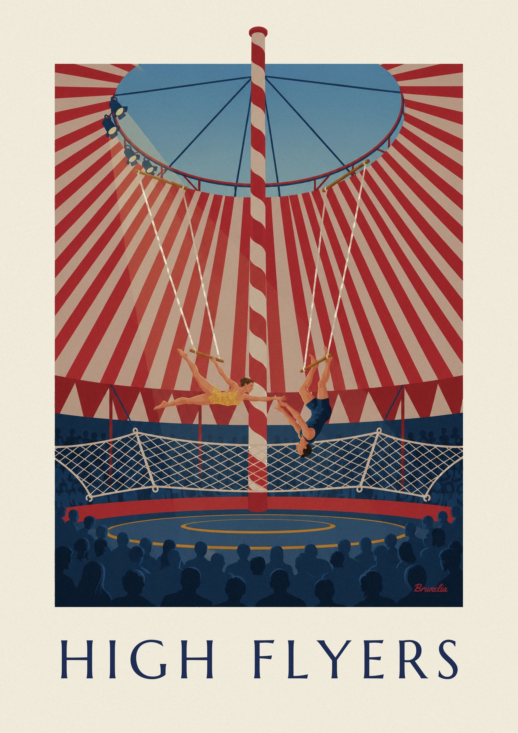 Poster trapezisti sotto un tendone da circo a righe: dettaglio in primo piano