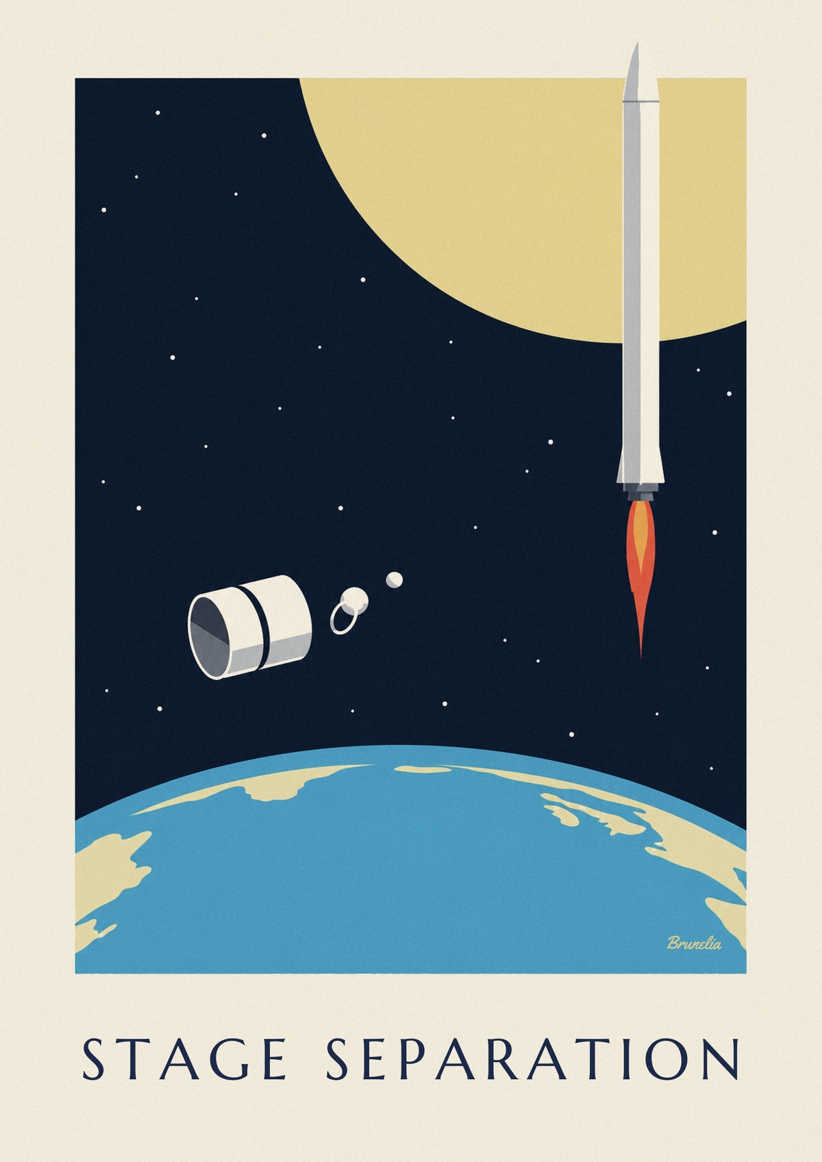 Poster stadi di un razzo che si separano sopra la Terra