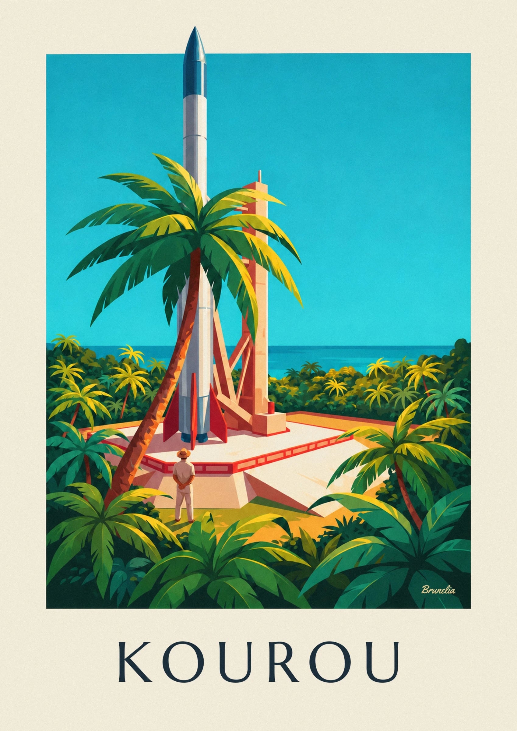 The rocket and its launch structure behind green and yellow palm fronds, facing the sea