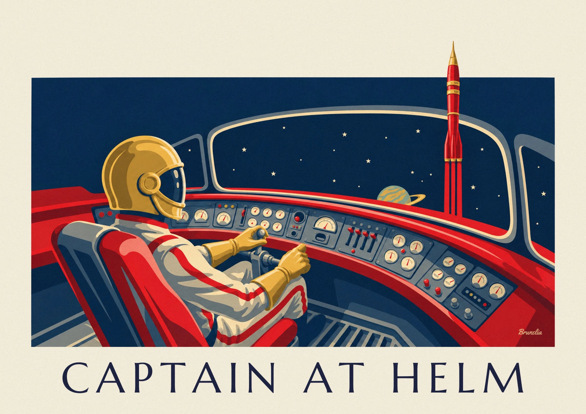 Affiche pilote casqué aux commandes d'une fusée spatiale