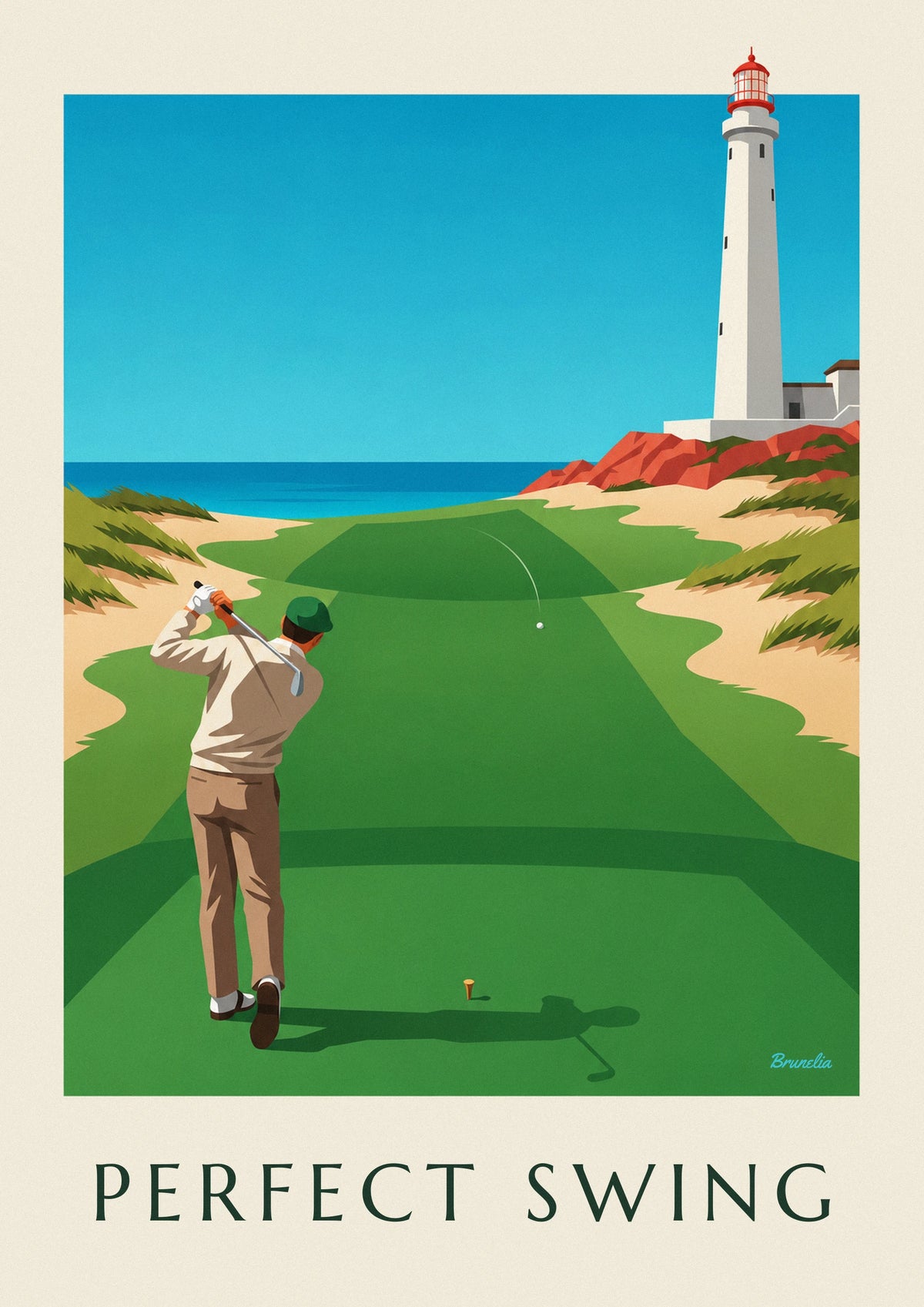 Poster Golfer mitten im Schwung auf einem Links-Platz an der Klippe
